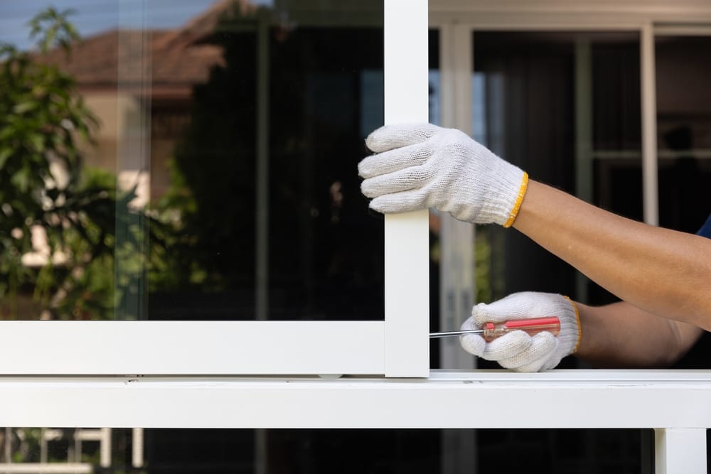 Technician wearing white gloves adjusting a sliding window frame with a screwdriver – st louis mo window installation